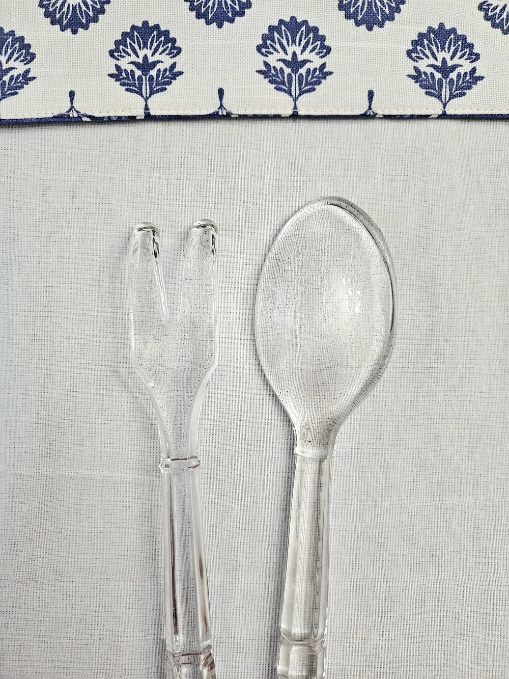 VINTAGE Clear Glass Salad Serving Set Spoon & Fork Ribbed Handle 1960s
